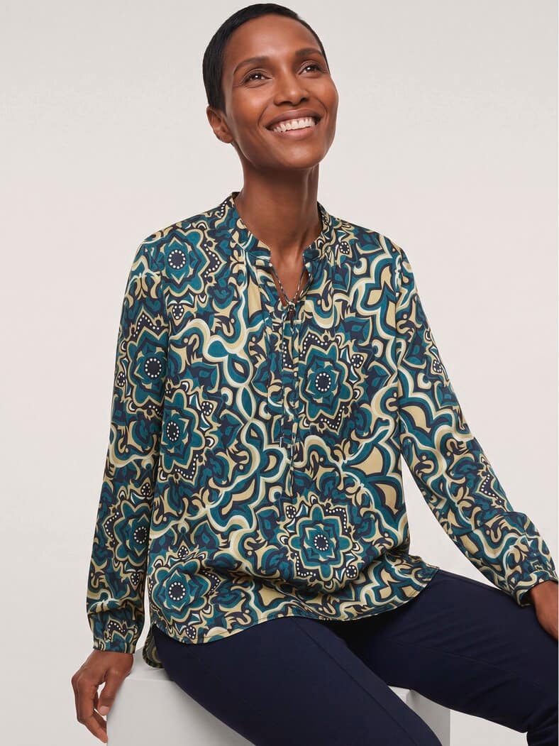 Shirtbluse aus Baumwollsatin Petrol gemustert