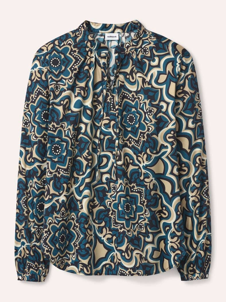 Shirtbluse aus Baumwollsatin Petrol gemustert