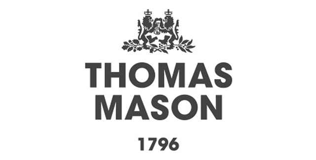 Textlogo "THOMAS MASON 1796" mit einem Wappenmotiv darüber.