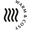 Gewelltes Liniensymbol, das Hitze darstellt, mit dem Text "Warm & Cosy" gebogen drumherum.