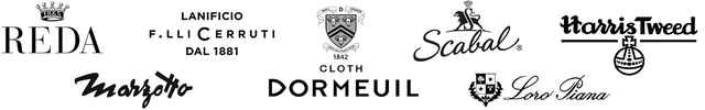 Logos verschiedener Stoffmarken: Reda, Cerruti, Scabal, Marzotto, Dormeuil, Loro Piana, Harris Tweed.