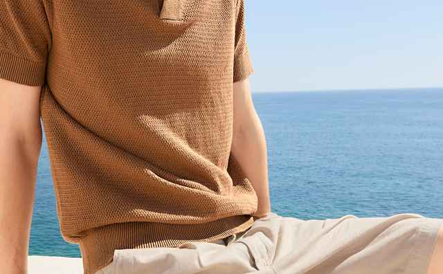 Leinen Polo-Shirts Abbildung in Braun. Kombiniert mit einer beigen Leinenshorts
