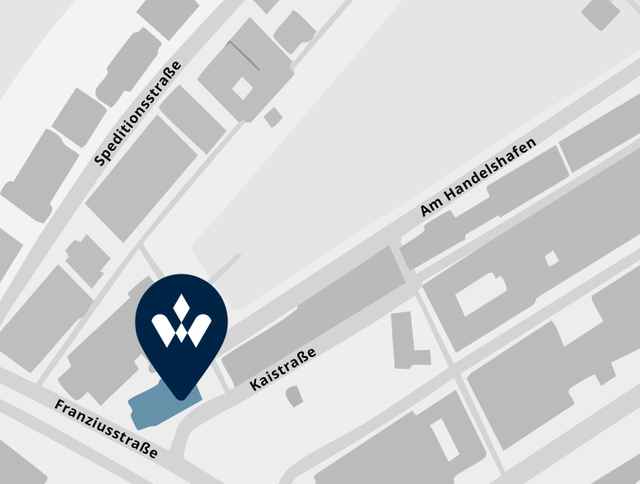 Stadtplan-Ausschnitt mit Markierung an der Kreuzung von Franziusstraße und Kaistraße, nahe Speditionsstraße und Am Handelshafen.