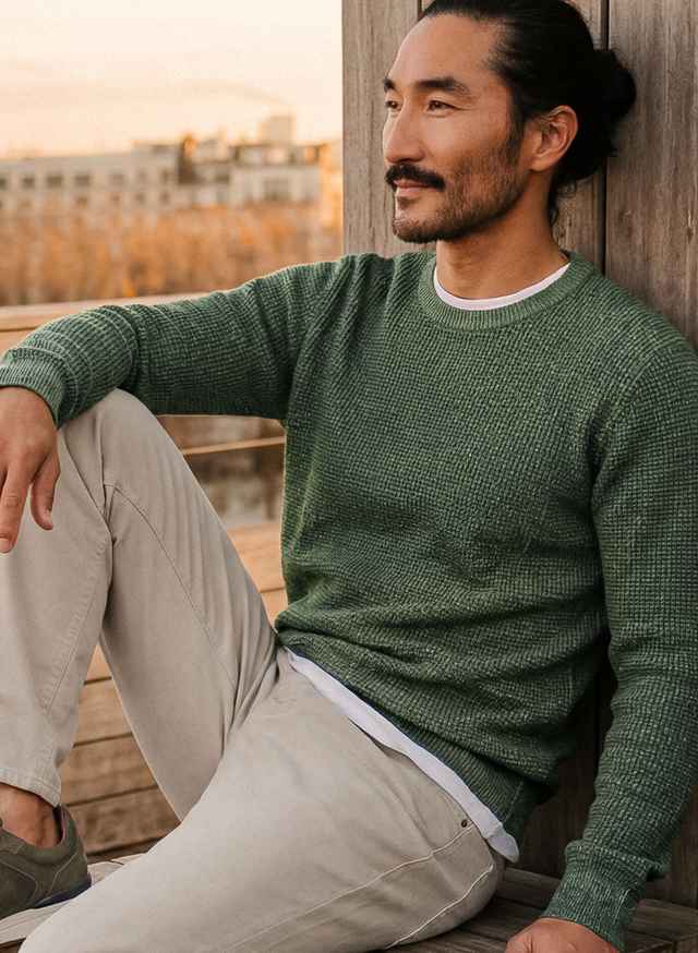 Ein Mann in einem grünen Pullover und heller Hose.