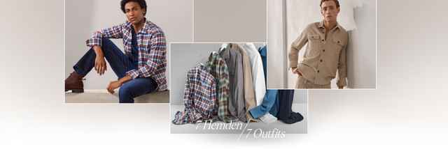 Zwei Männer in lässiger Kleidung, darunter Hemden und Jacken. In der Mitte ein Stapel gefalteter Hemden. Text: "7 Hemden / 7 Outfits".