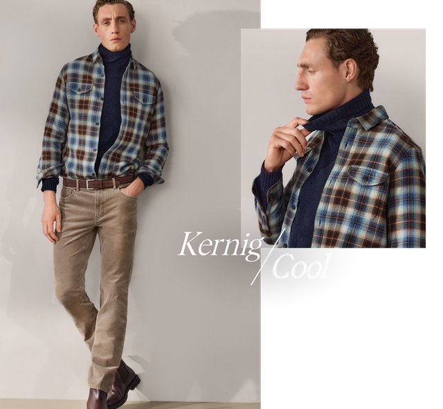 Mann in kariertem Hemd und Rollkragenpullover posiert vor neutralem Hintergrund mit dem Schriftzug "Kernig/Cool".