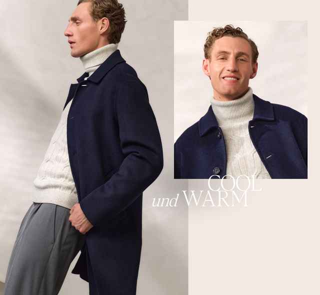 Mann mit blauem Mantel und grauer Hose, darunter ein cremefarbener Rollkragenpullover. Text: "COOL und WARM". Hintergrund in neutralen Tönen.