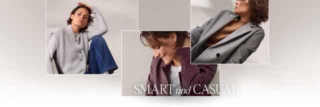 Drei Bilder von Frauen in stilvoller Freizeitkleidung, kombiniert mit formellen Jacken, darunter der Text "SMART und CASUAL".