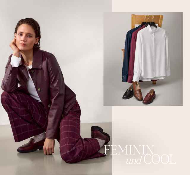 Frau in burgunderrotem Outfit kniet; daneben Hemden und Schuhe auf einem Stuhl; Text: "FEMININ und COOL".