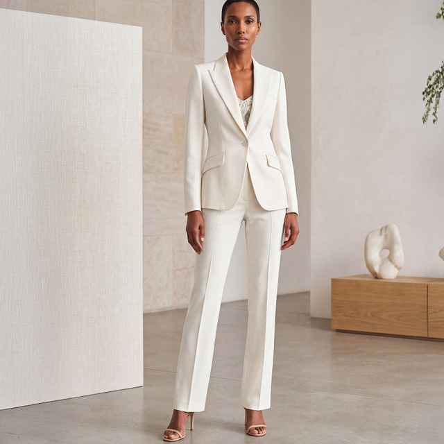 Eleganter, cremeweißer Hosenanzug mit tailliertem Blazer, gemusterter Bluse und hochhackigen Sandaletten.