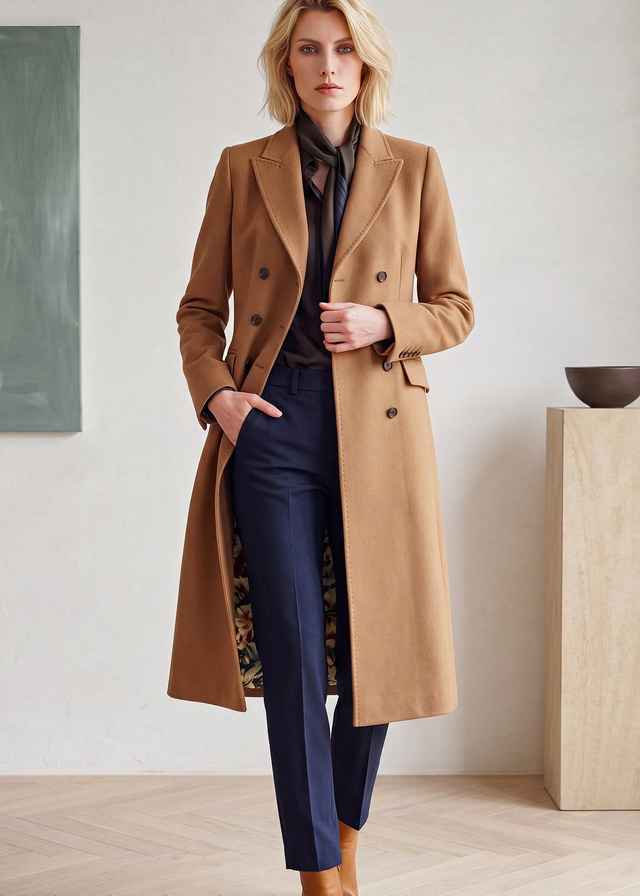 Eleganter camelbrauner, zweireihiger Wollmantel über dunkler Bluse, Halstuch und marineblauer Stoffhose.