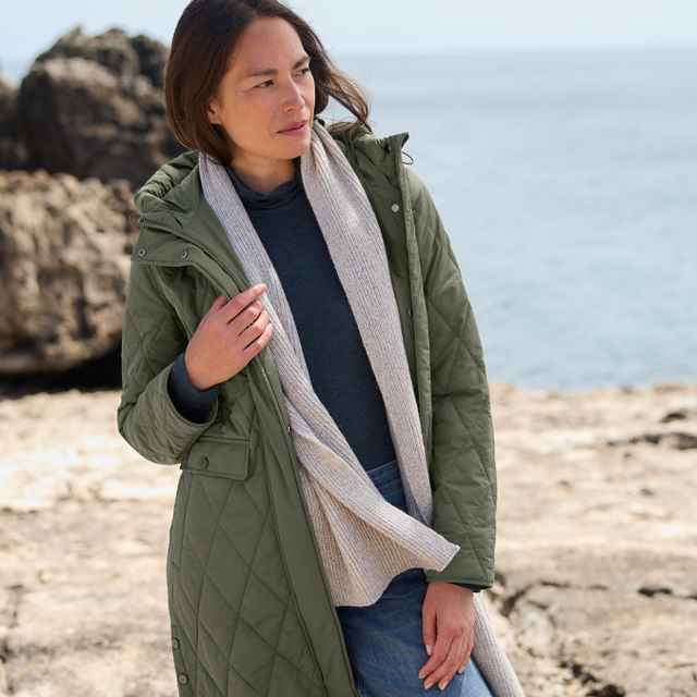 Person in einem olivgrünen Parka mit Kapuze, einem dunkelblauen Oberteil und einem hellen Strickschal. Der Stil wirkt lässig und winterlich.